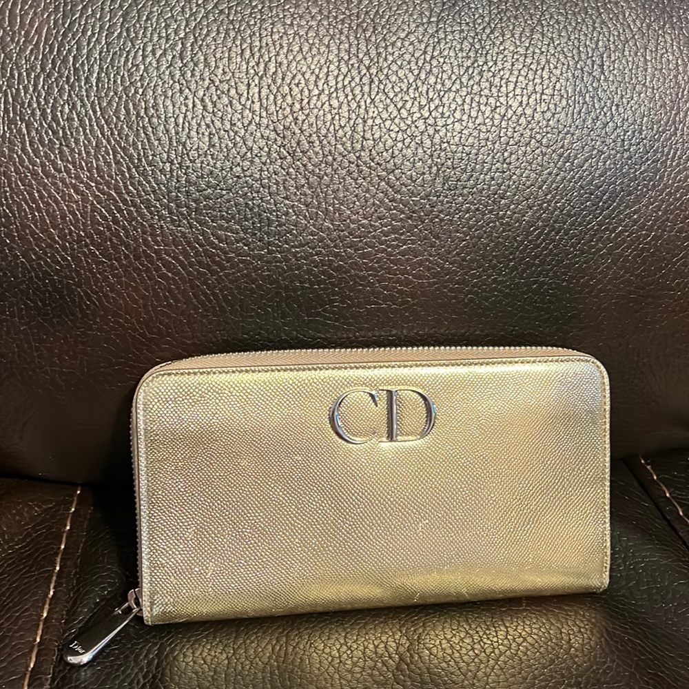 Christian dior metallic gold logo monogram CD long zip continental wallet clutch - Picture 1 of 8